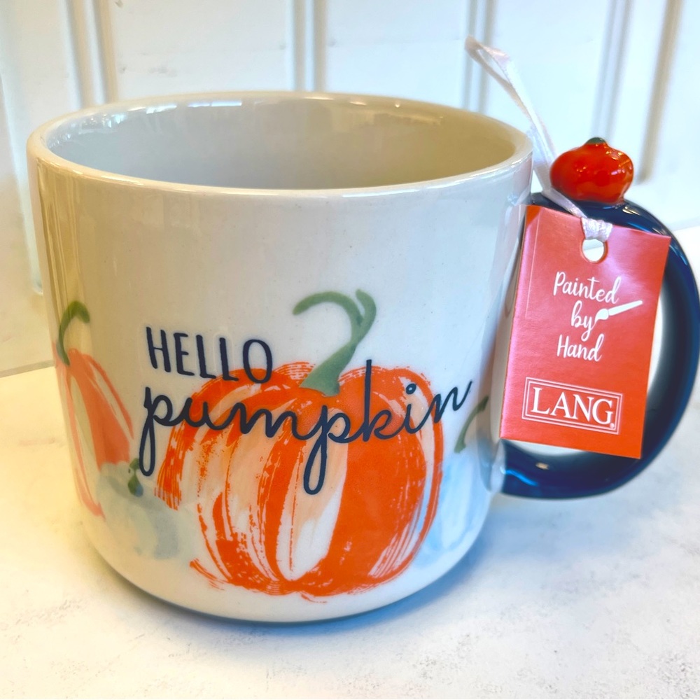 NEW Fall Hello Pumpkin 🎃 Orange & Blue handpainted ceramic mug by Lang